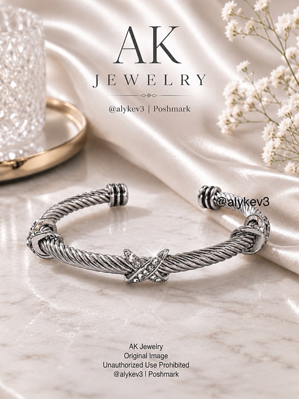 💎Luxury BRACELET Silver 3 X Cable Twisted Cable Crystal Cuff Boutique Collection